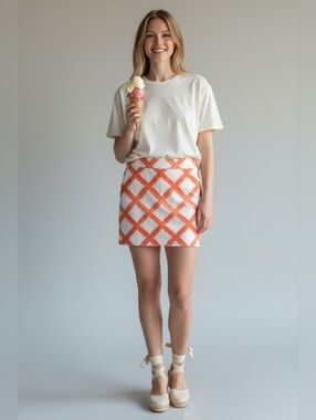 Merona Orange and White Brushstrokes Cotton Waffle Mini Skirt with Pockets
